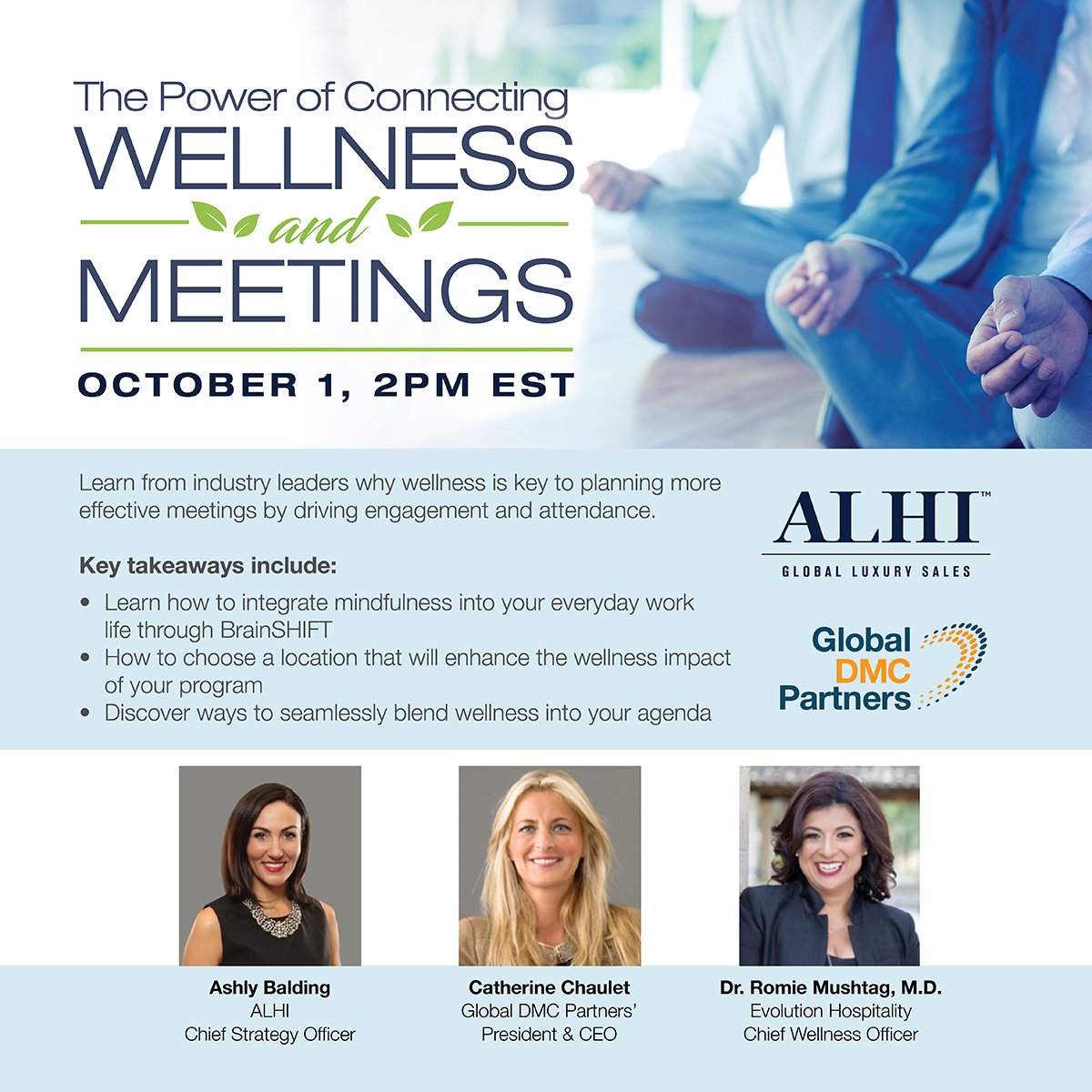 Join 3 industry experts next Tuesday, 10/1, for a live webinar on The Power of Connecting Wellness &amp; Meetings! To register: bit.ly/2lTMZNH #ALHI #DMC #MeetingProfs <a href="/DrRomie/">Dr. Romie Mushtaq, MD</a> <a href="/GlobalDMCs/">Global DMC Partners</a>