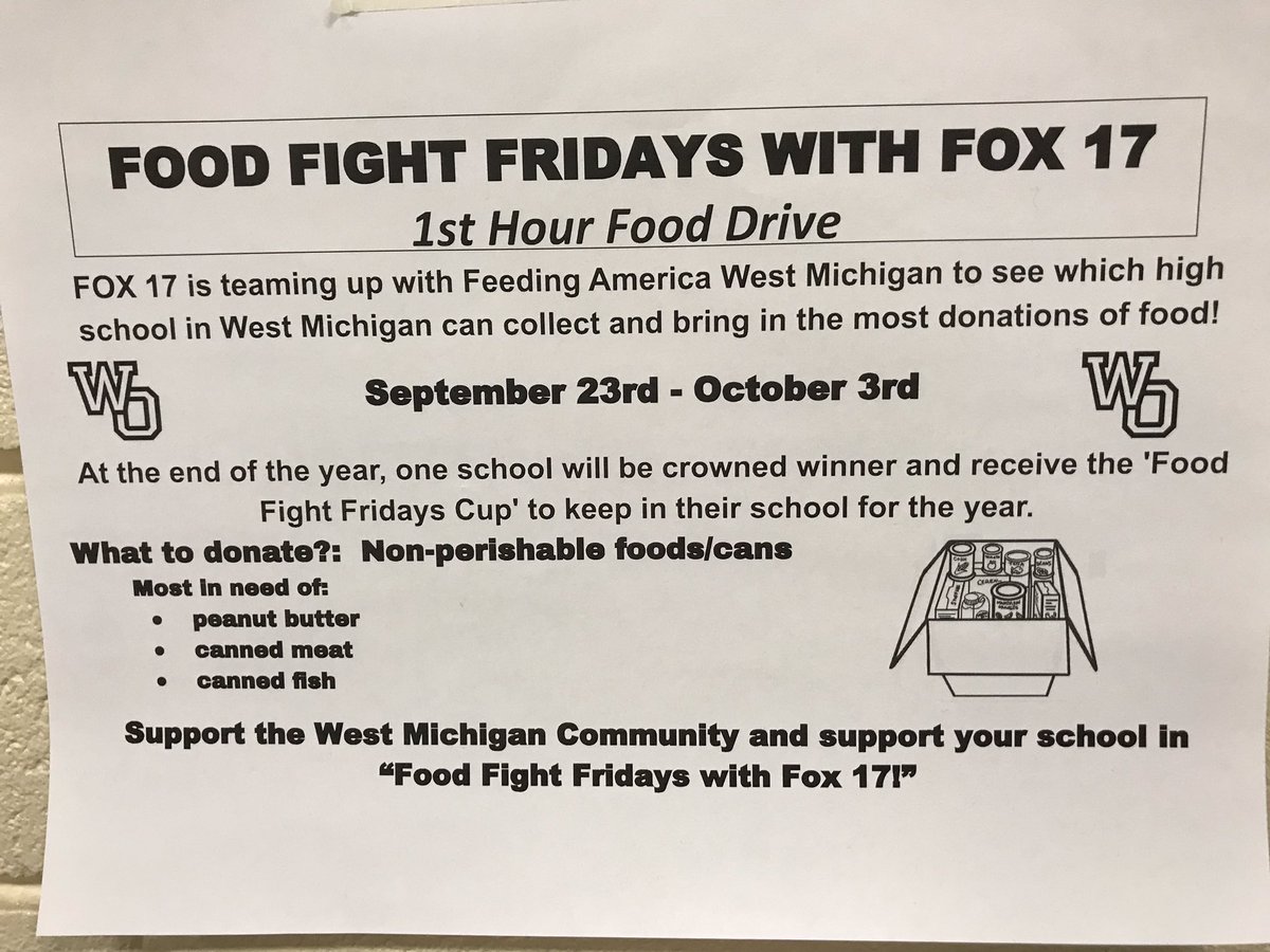 WORenaissance's tweet photo. Don’t forget to bring in your non-perishable food items to your 1st hour class. The winner with the most items will win a donut party! #gowo @WestOttawaHS https://t.co/1DDfxfYxjb