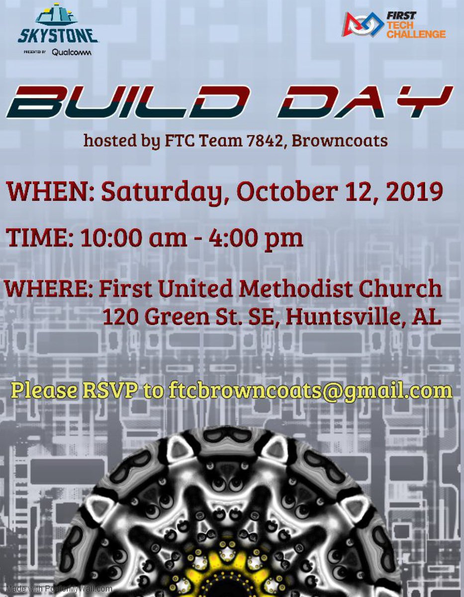 FTC Team 7842 Browncoats are hosting a build day on October 12th for all <a href="/FTCTeams/">FIRST Tech Challenge</a>! The event will be held at First United Methodist Church from 10:00 AM-4:00 PM. If your team would like to attend, please send an email to ftcbrowncoats@gmail.com to RSVP! We hope to see you there!