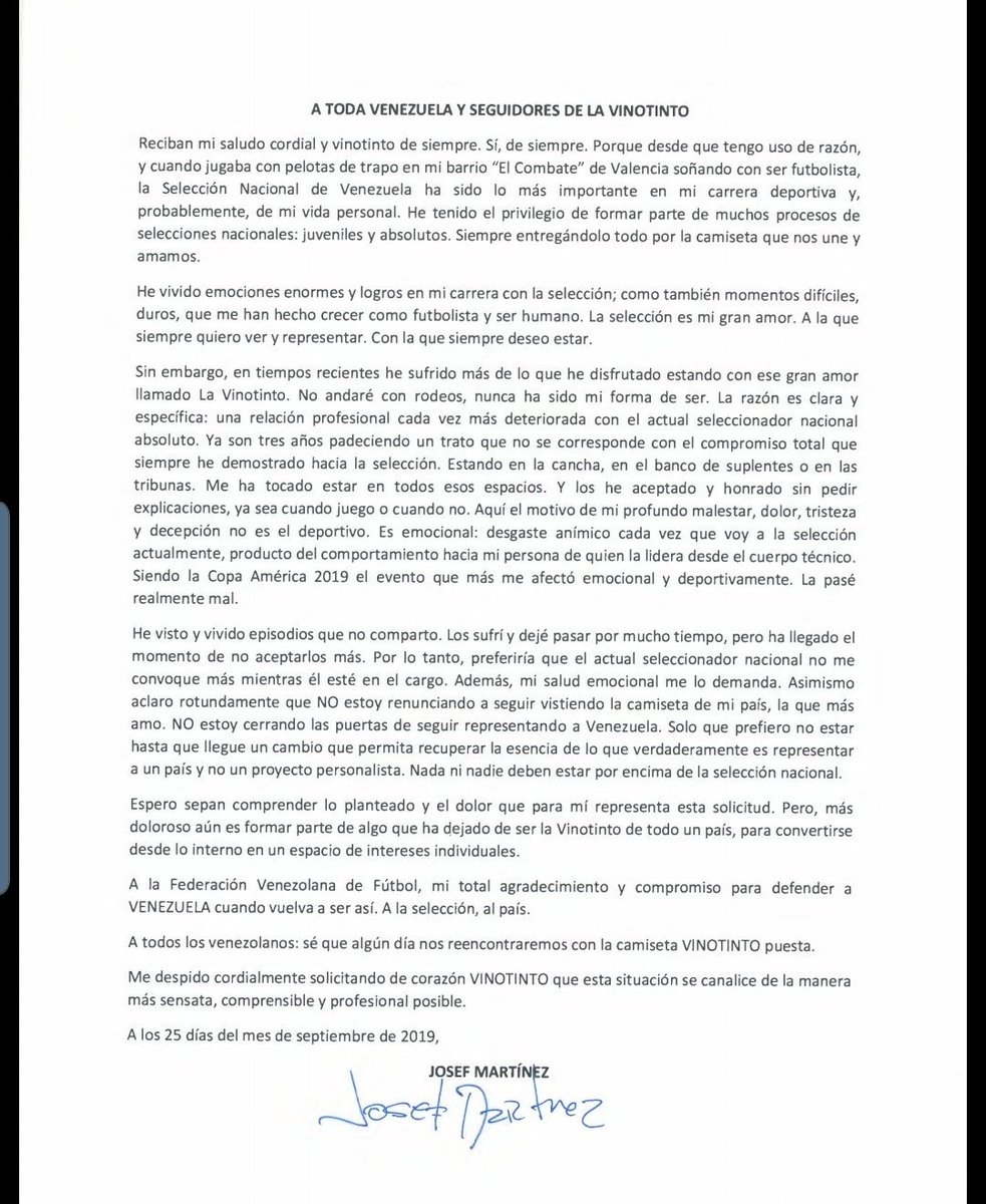 fpetrocelli's tweet photo. ATENCIÓN: Desde el entorno de Josef Martínez me envían esta carta. El jugador renuncia a la selección venezolana, mientras Rafael Dudamel sea el técnico de la selección absoluta. https://t.co/rvWcEKmcEN