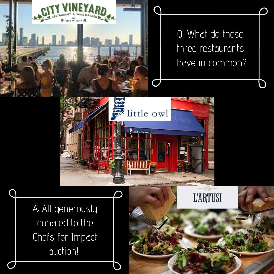 Impact_Network's tweet photo. #ThankfulThursday What do @littleowlnyc, #LArtusi, and @CityVineyardNYC
all have in common? Each is a fabulous restaurant that has generously donated an amazing auction item to
#ChefsForImpact!  Buy tickets to the event here! https://t.co/83CcA7WRYT https://t.co/nWoOVXllnc