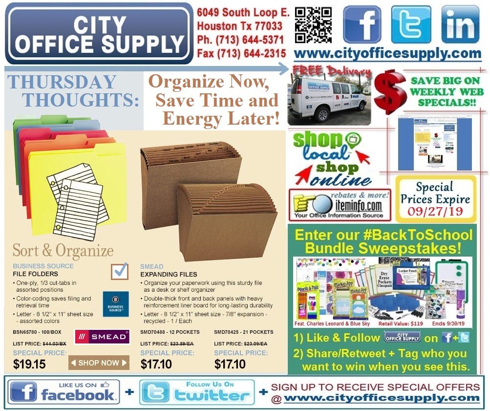 cityos's tweet photo. #ThursdayThoughts: #OrganizeNow #SaveTimeLater! #DoIt with #BusinessSource #ColoredFileFolders & @SmeadOrgLife #ExpandingFiles #WeeklyWEBSpecial + #EnterToWin our #BackToSchool #Sweepstakes! https://t.co/zb4z5RaOwd https://t.co/o3ekU4Tn1X https://t.co/ZMFhLC9Nlw