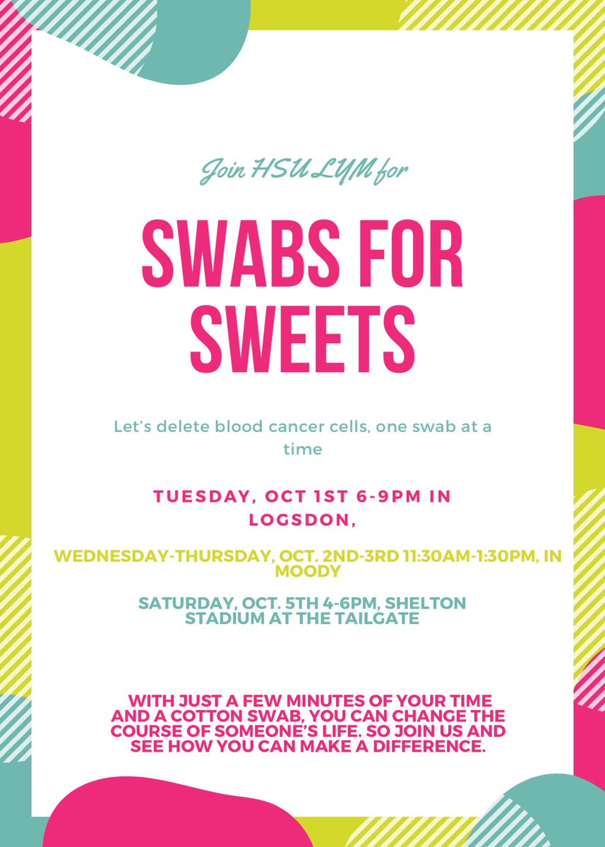pspack_HSU's tweet photo. Join us next week!✨
Tuesday, OCT. 1st 6-9pm, in Logsdon. 
Wednesday-Thursday, OCT. 2nd-3rd 11:30AM-1:30pm, in Moody. 
Saturday, OCT. 5th 4-6pm, at the Tailgate at Shelton Stadium. 
Come see how you can make a difference and maybe get a sweet treat in exchange!!🍭#swabs4sweets https://t.co/oBXffX2jLQ