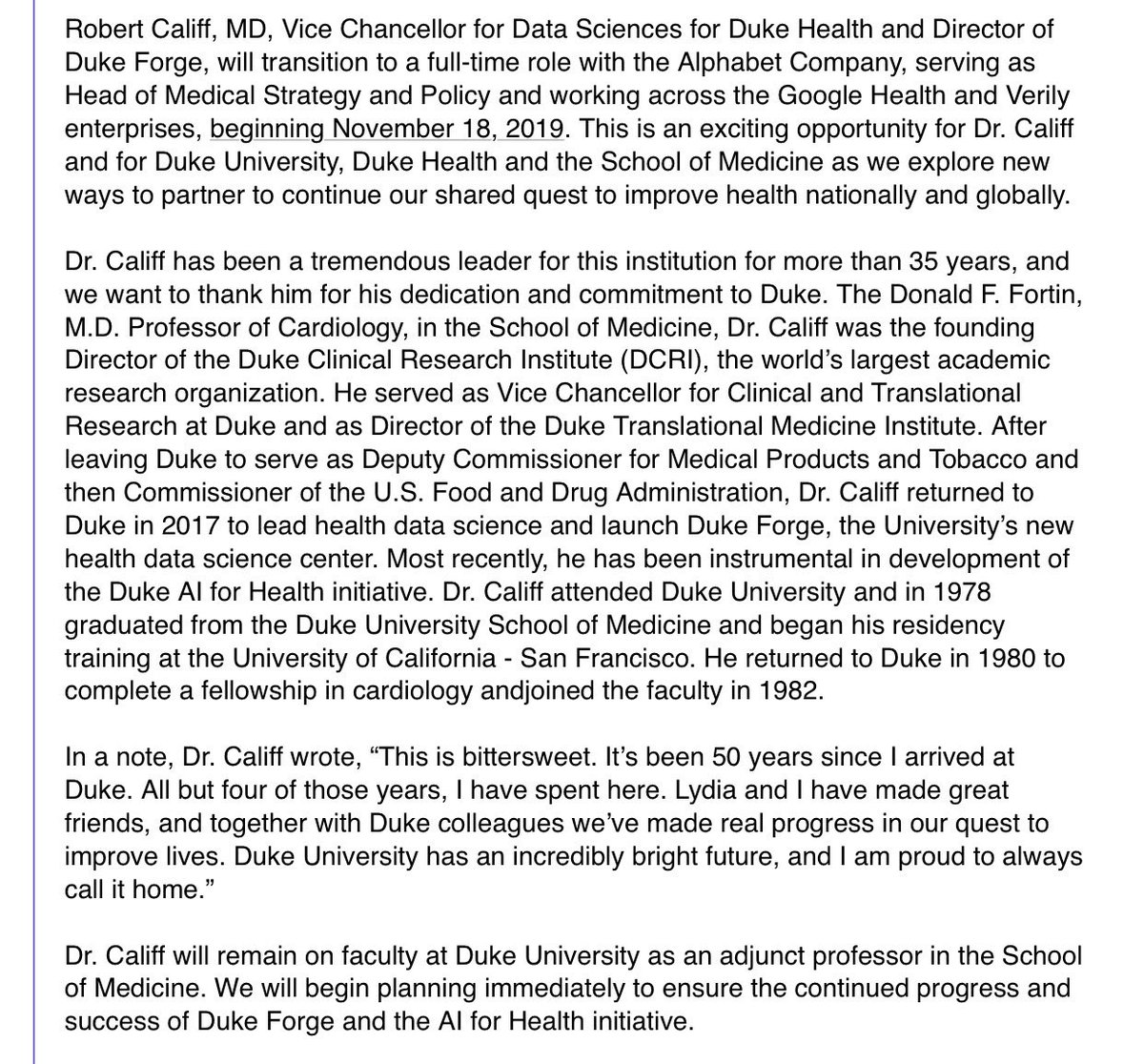 Announcement from Duke regarding former FDA commissioner Rob Califf’s new position at Alphabet Company