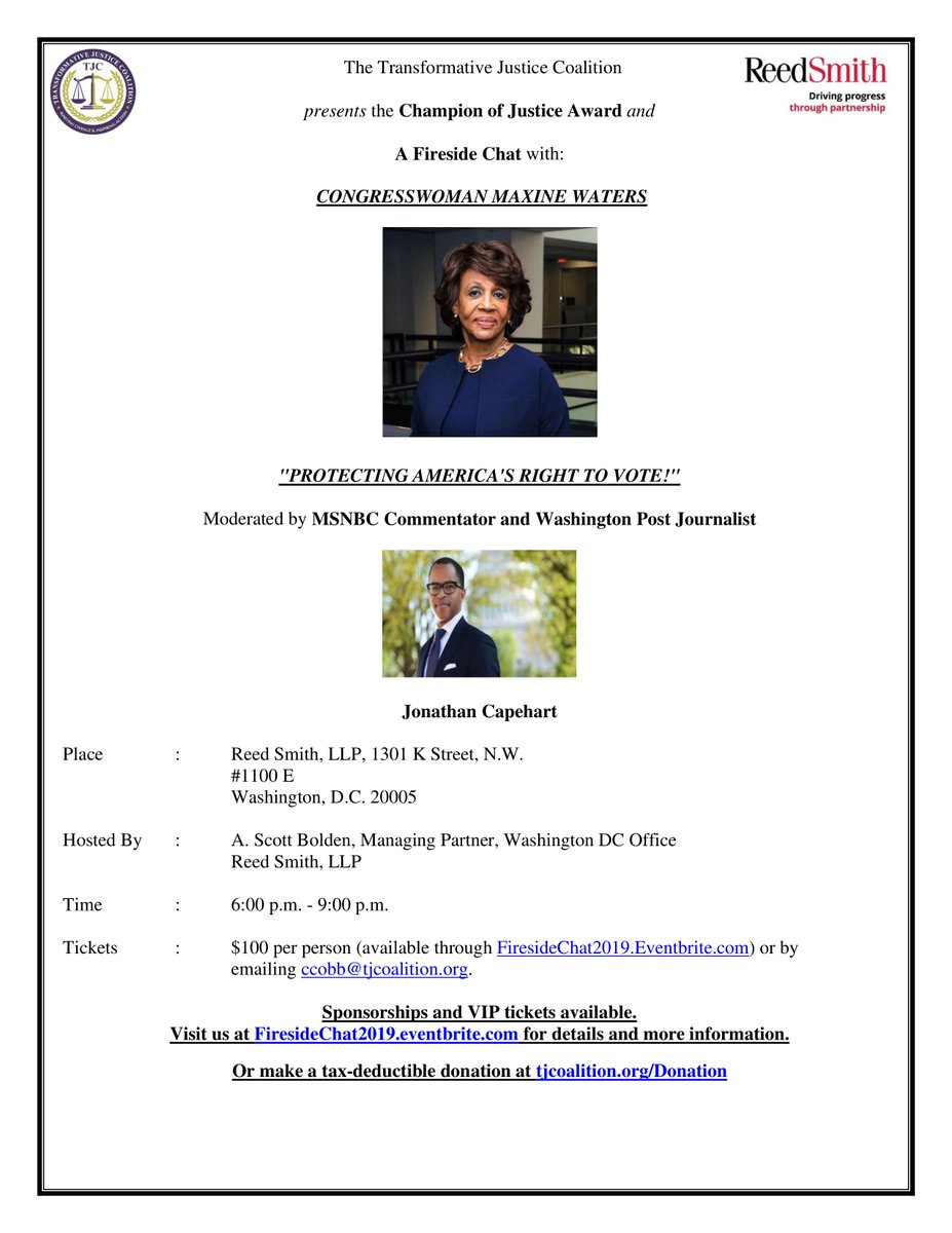TJC_DC's tweet photo. Join us Oct. 17th for the 2019 Champion of Justice Award & Fireside Chat with @RepMaxineWaters "PROTECTING AMERICA'S RIGHT TO VOTE!" Moderated by MSNBC Commentator & Washington Post Journalist @CapehartJ
$100/person: https://t.co/uZEtZywlH0 Sponsorships & VIP tickets available https://t.co/83ckFvH7eI