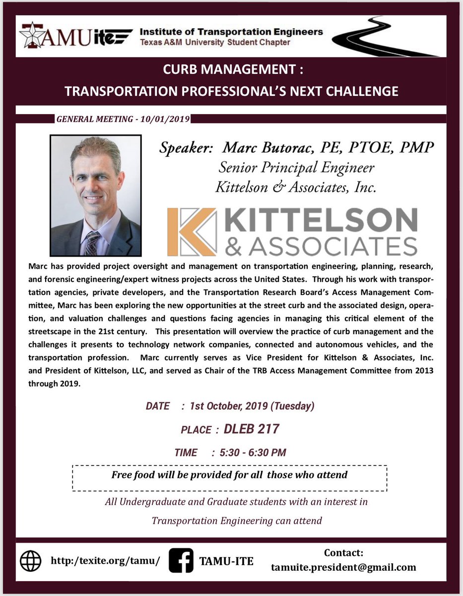 TAMUite (@itetamu) on Twitter photo Join us for a general meeting on Oct 1st at 5:30 pm in DLEB 217 with Marc Butorac, from Kittelson. His presentation overview the practice of curb management, the challenges it presents to technology network companies, connected and autonomous vehicles. <a href="/TAMUEngineering/">TAMU Engineering</a> <a href="/TAMUCVEN/">TAMU Civil & Environmental Engineering</a> Join us for a general meeting on Oct 1st at 5:30 pm in DLEB 217 with Marc Butorac, from Kittelson. His presentation overview the practice of curb management, the challenges it presents to technology network companies, connected and autonomous vehicles. <a href="/TAMUEngineering/">TAMU Engineering</a> <a href="/TAMUCVEN/">TAMU Civil & Environmental Engineering</a>