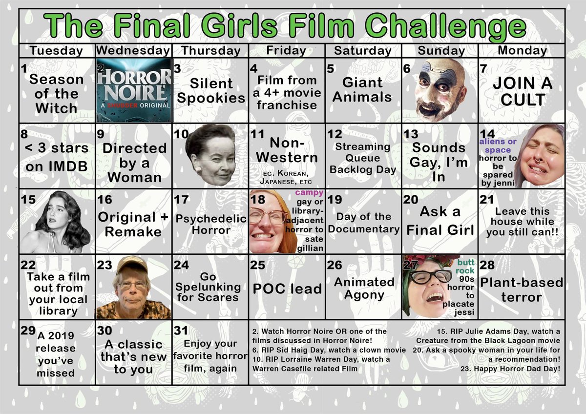 StreamingScream's tweet image. Here's a film challenge from The Final Girls to push your horror boundaries this October. Please note that if you haven't seen it, Horror Noire on @shudder is mandatory viewing.

#TheFinalGirls #FinalGirlsFilmClub #horror #horrorfans #horrormovies