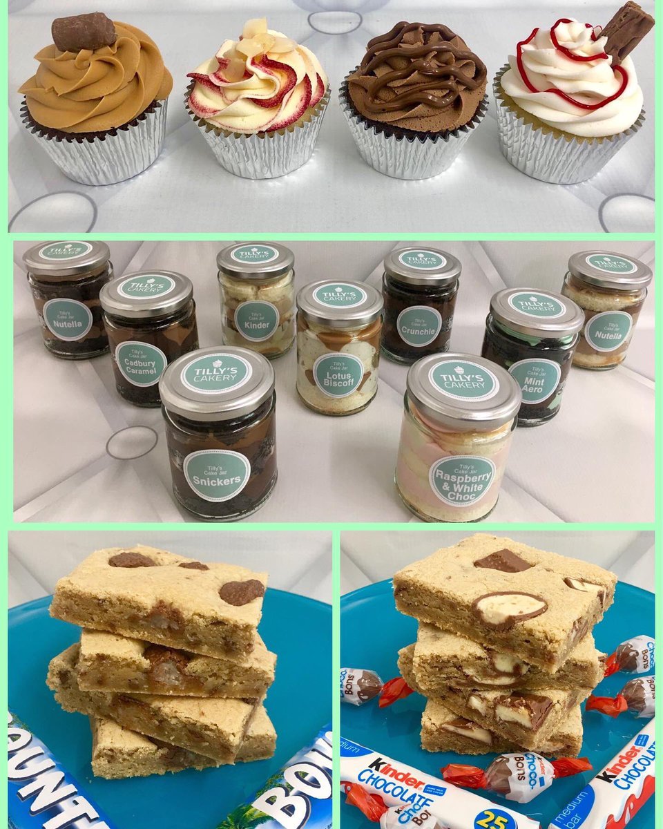 TillysCakery's tweet photo. 😋Tomorrow😜

Cake Jars £5 each or 4 for £19
Nutella, Kinder, Mint Aero, Snickers, Crunchie, Raspberry White Choc, Cadbury Caramel, Lotus Biscoff

Cupcakes 6 for £10 or 4 for £7
Nutella, Toffee, 99er, Cherry Bakewell

Cookie Bars - £1.50 each or 4 for £5
Kinder or Bounty https://t.co/qOk3ewqymc
