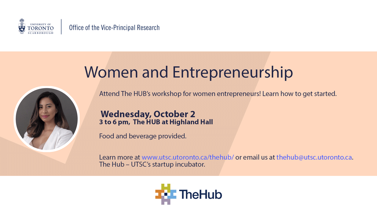 utscgsas's tweet photo. Check out the Women and Entrepreneurship event held in The Hub on Wednesday, October 2, 3-6pm! The event itself will be led by Vania Sakelaris, a prominent female entrepreneur in Toronto.  Food and beverage provided.
Please sign up at: https://t.co/qW78tAkoHI…. https://t.co/uJdnvBx3RA