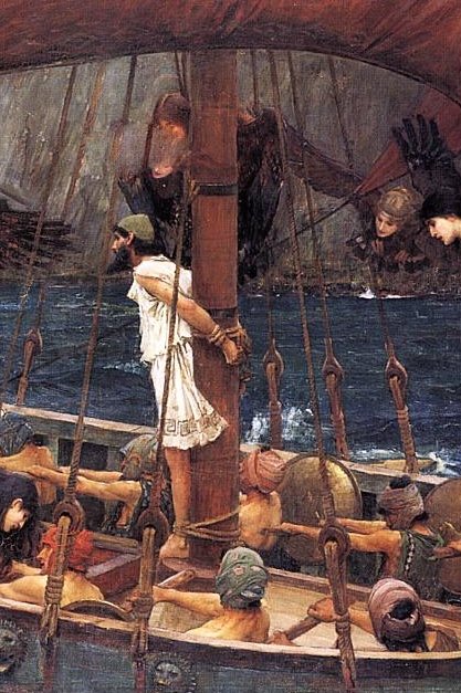 APrerrafaelita's tweet photo. En su obra podemos ver a Odiseo atado al mástil y a su tripulación con trapos en la cabeza. Las peligrosas sirenas les atacan, les tientan con sus bellos rostros pero ellos resisten. La fortaleza masculina en contraposición a la lujuria femenina. https://t.co/q0iLE3BZD9
