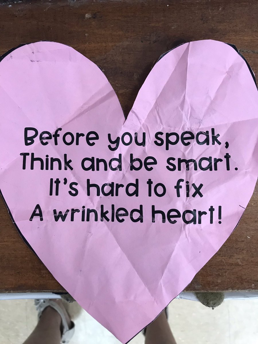 . Today we held our paper hearts and made a fold each time someone  said an example of an unkind act. When the heart was unfolded, we saw the wrinkles could not be taken away. The afternoon was filled with such kind acts. Way to go Kindergarteners!! Keep up the kindness!