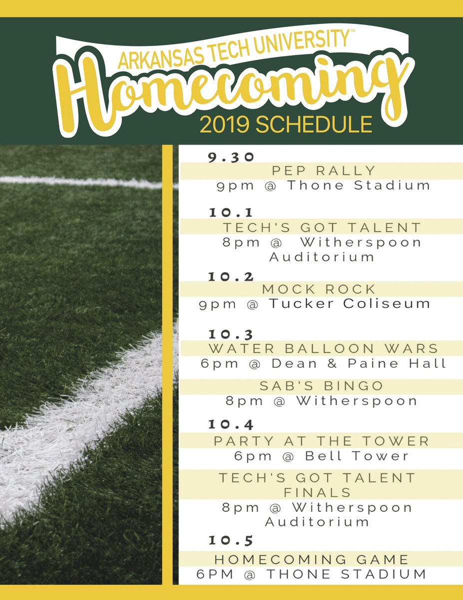 ATUCampusLife's tweet photo. It’s almost time - Homecoming Week begins on Monday!!! Check out the daily schedule of student events. #HeckYa #TechYa #FightOn https://t.co/q7jybJZieW