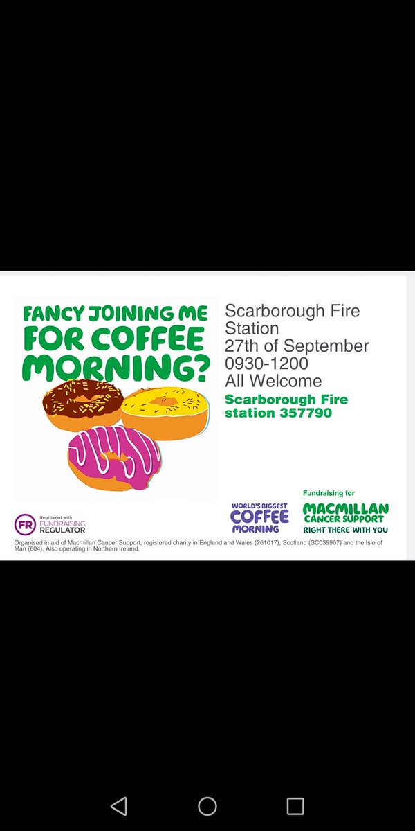 WillWarwick22's tweet photo. Macmillan coffee morning at Scarborough Fire Station 0930-1200 @ScarboroughUK @TheScarboroNews @YorksCoastRadio https://t.co/BrmqNzL6b8