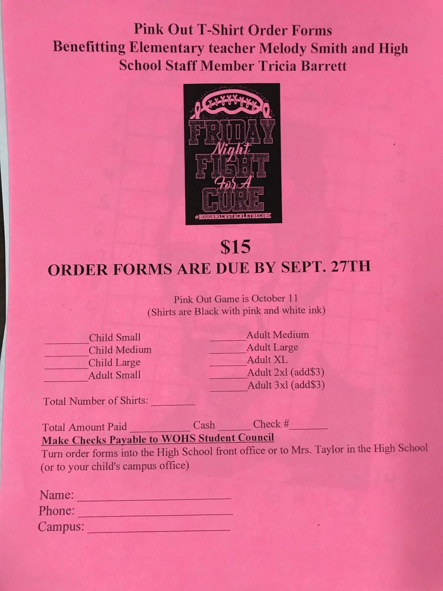 WOHSstuco's tweet photo. Pink out order forms are due tomorrow!!! We  will also have a table set up at pre-game at  tomorrow https://t.co/iCYzbSMvRQ