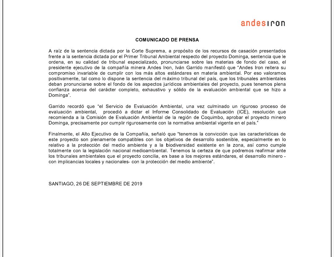 Comunicado de prensa emitido por Andes Iron, luego que la Corte Suprema se pronunciara sobre #Dominga
