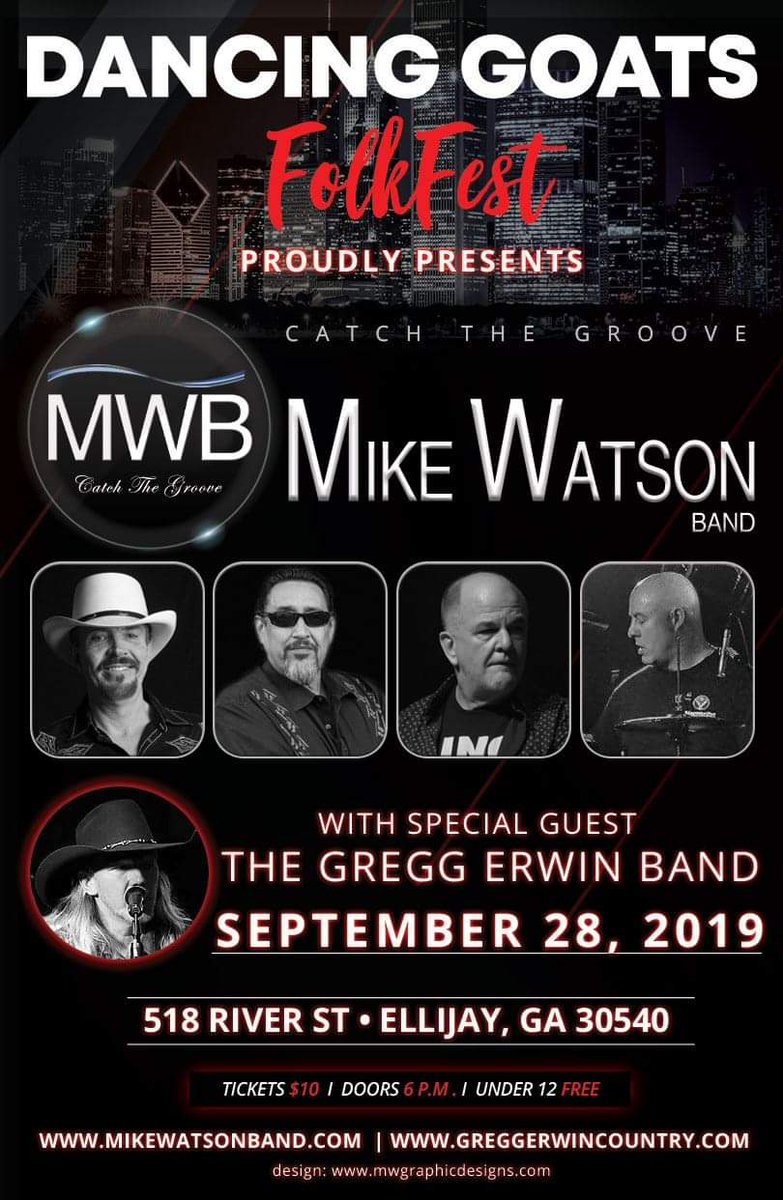 Catch The Groove with The Mike Watson Band at The Dancing Goats FolkFest on Saturday, September 28, 2019. The concert kicks off at 6 p.m. with special guest, The Greg Erwin Band.

518 River St
Ellijay, GA 30540