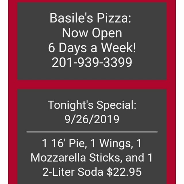 BasilesPizza's tweet photo. Thursday Night Special
1 16' Pie, 1 Wings, 1 Mozzarella Sticks,  and 1 2-Liter Soda $22.95

#basilespizzaofwoodridge #pizza #wings #mozzarellasticks #thursdaynightspecial https://t.co/XnPqS9Y8jl https://t.co/z7snnOfoMD