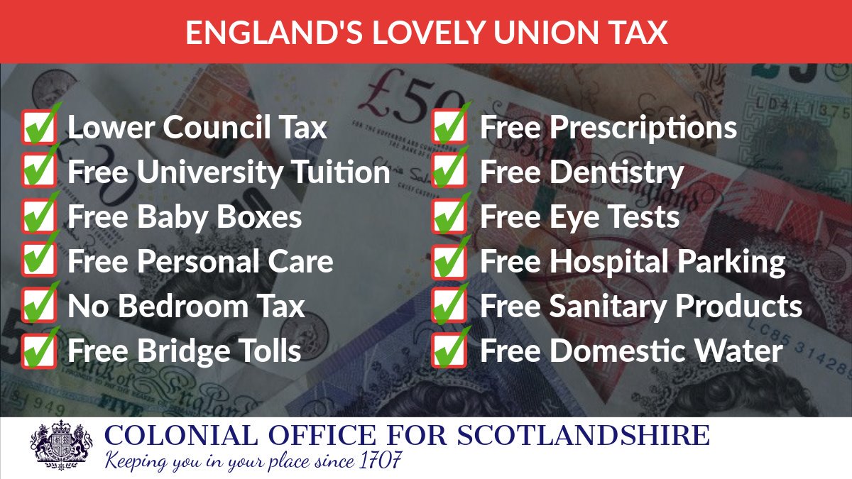 ScotlandOot's tweet photo. People of North Birtain!
England's lovely #UnionTax buys a lot of freebies in Scotland.
Long may the cash flow.
#DissolveTheUnion #indyref2 #IndyWales #BritishIndependence #BritishIndependance #StandUp4Brexit #moggmentum #GetBrexitDone https://t.co/QrM1eFuNI0