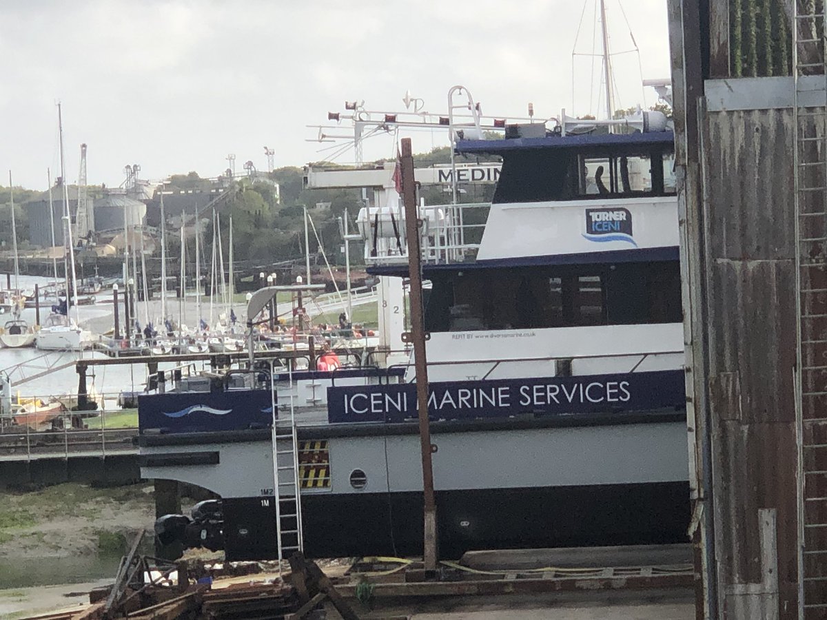 diversemarine's tweet photo. @IceniMarine CONQUEST easing out the shed ready for launch tomorrow following hull shotblasting, raised waterline, new #Intersleek coatings, topside coatings, #waterjet rebuilds, replacement side fender, replacement bow fender, #sonihull installation, new saloon flooring https://t.co/qytVNeQ33B