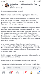 CwyEtsi's tweet image. @KTULNews @tulsaworld @DailyOklahoman @GOPHouseOK @OKSenateDems
 #protectcitizens  #publicsafety Zoom podcast with #Oklahoma #Acupuncture Association’s president about what’s going on in Oklahoma regarding integrative health care/Acupuncture in YOUR state!
zoom.us/j/942126893