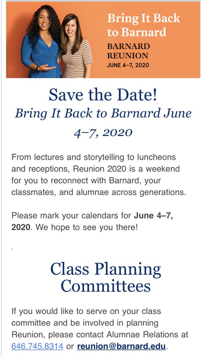 Barnard_1985's tweet photo. It's time to plan our #35thReunion! 🥳🎉 Save the dates June 4-7, 2019 🙂 Join the 1985 Class Planning Committee (email in photo). Looking forward to seeing you next June 💙 @barnardalumnae https://t.co/fL1QcpHRGn