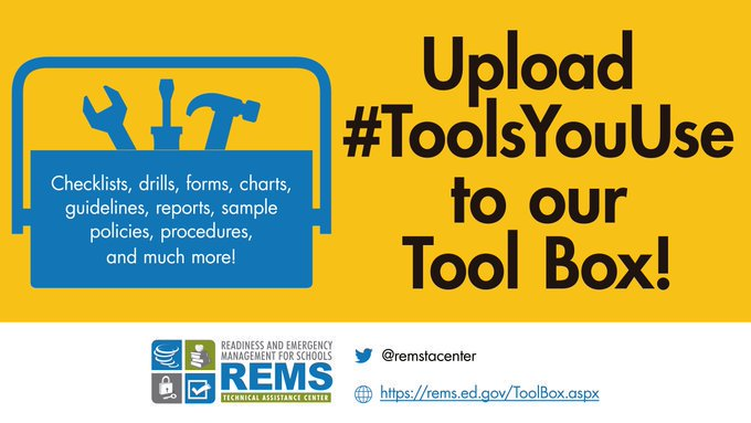 remstacenter's tweet photo. #Schools #HigherED Browse the @REMSTaCenter  #ToolBox now! We have new materials created by your peers--State and local practitioners! Check out our recent additions including tabletop scenarios and related tools.  https://t.co/lrLEX66f4j

#SchoolSafety #ToolsYouCanUse https://t.co/tSI5OhgUP9