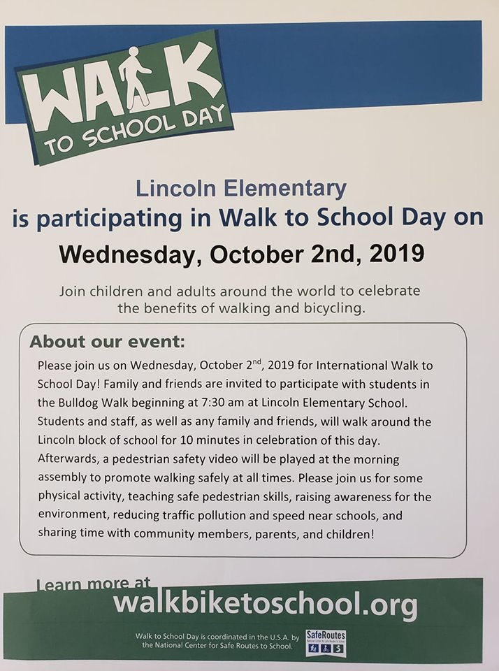 LincolnEle69341's tweet photo. Mark your calendars!! Wednesday, October 2nd is International Walk to School Day! Family and friends are encouraged to join in the fun. https://t.co/Q4olkgxukG