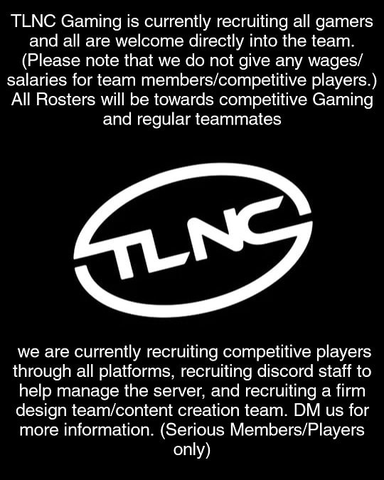 tlncgaming's tweet photo. #team #recruitment #recruitingnow #gamingteam #gaming #callofduty #fortnite #apexlegends #brawlhalla #competitivegamingteam #entertainmentteam #entertainment #callofdutyclanrecruitment #fortniteclansrecruiting #apexlegendsclan #designer #recruitingdesigners https://t.co/te6wy68xzd