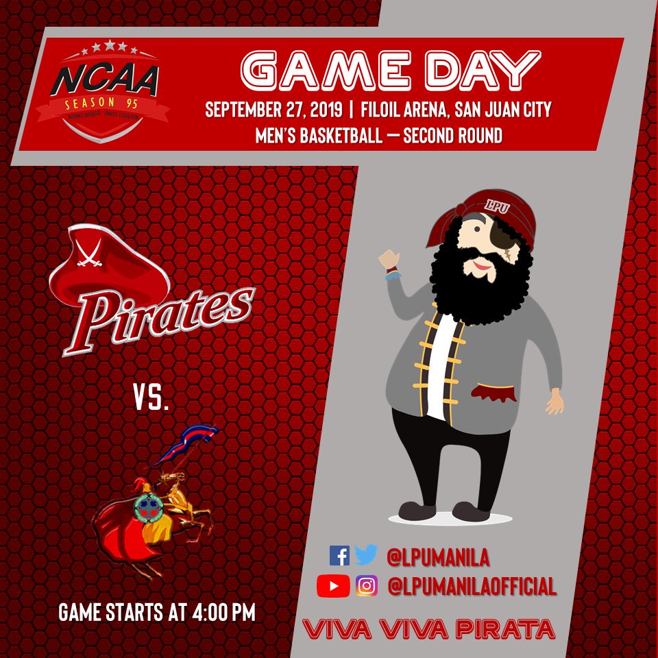 LPUManila's tweet photo. The #BattleOfIntramuros is on. Gather as #OneLPU in San Juan Arena and cheer for the Pirates as they conquer the Knights! Game starts at 4PM #LetsGoPirates #VivaVivaPirata https://t.co/cdm4N9u3TV