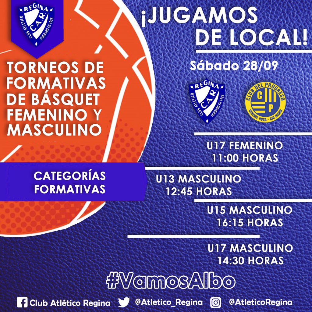 Atletico_Regina's tweet photo. 🏀 #FormativasBasquet
Este fin de semana, los chicos reciben a Del Progreso por una nueva fecha del #TorneoIntegración desde U13 a U19, mientras que las chicas juegan una nueva fecha del Asociativo Femenino, también ante Progreso por Categoría U17 https://t.co/qoQWZFKiWA