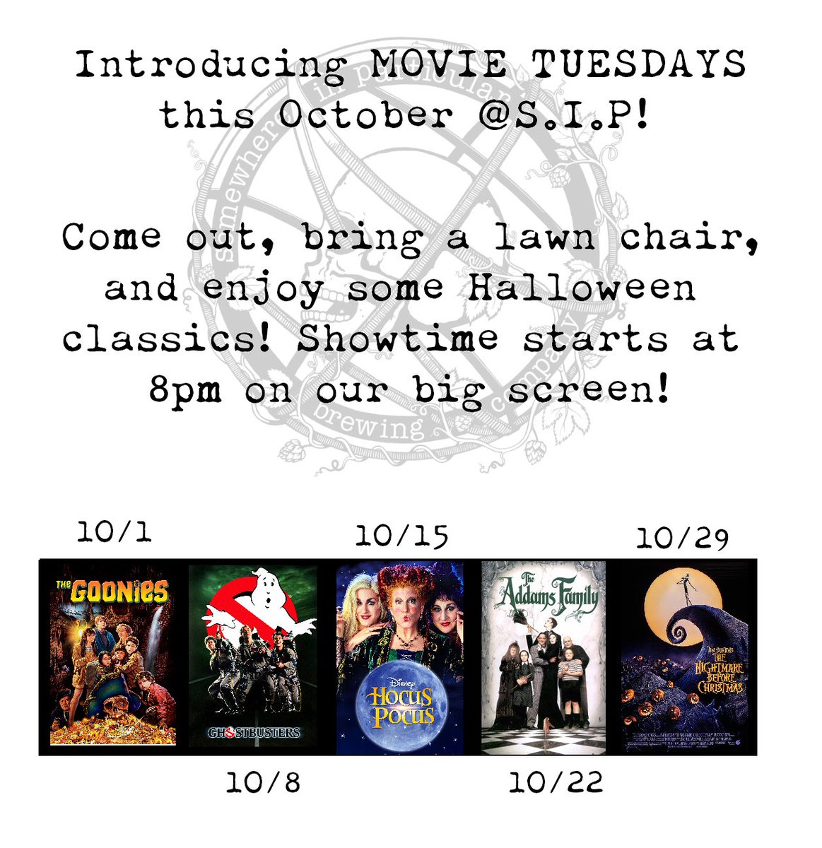 sipbrew's tweet photo. Goonies, coming up this Tuesday starting @ 8pm! Patio tables available for seating, but bring a lawn chair to pick your own spot! https://t.co/MGlTofLsJA
