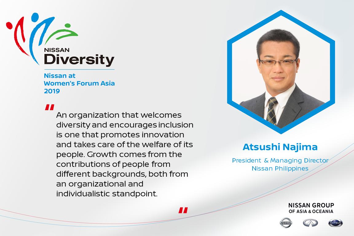 NissanASEAN's tweet photo. Diversity and Inclusion can drive growth #NissanDiversity #WFAsia @Atsushi_Najima @NissanPHI https://t.co/fvEuB6yqOg