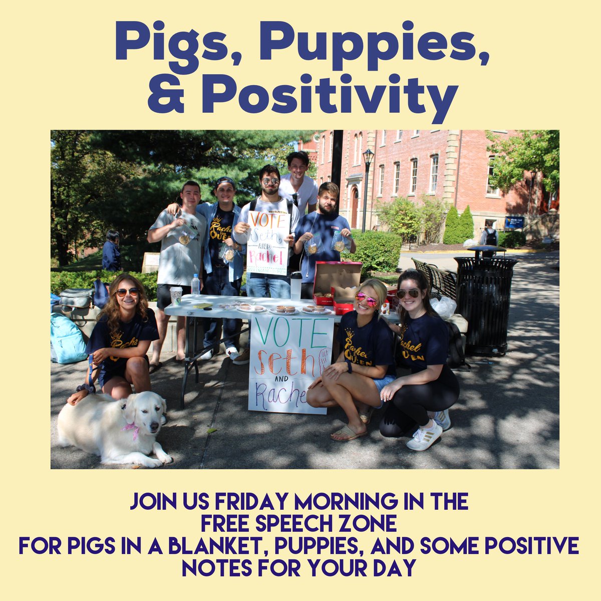 RachelforQueen1's tweet photo. Homecoming is awesome, but tomorrow we are focusing less on campaigning and more on reminding everyone how great it is to just enjoy another day!! See ya tomorrow for some snacks, dogs, and good vibes!! https://t.co/7HMojCUhFy
