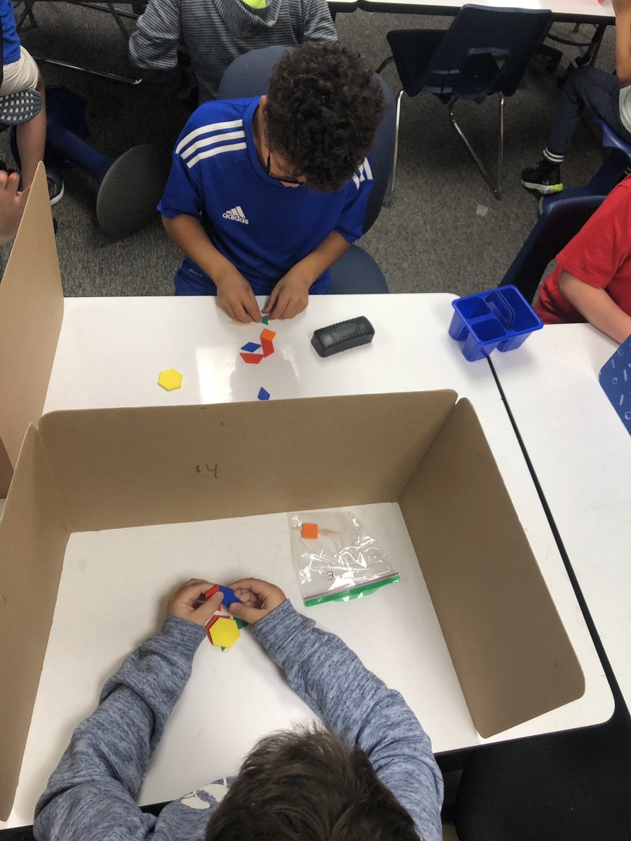 MissMegHartzell's tweet photo. Practicing communicating with clarity and precision 🗣 5Q students used pattern blocks to create a pattern for their partner had to recreate without peeking, only using clear directions... so fun! 🔸🔻▫️ @MrsSimacek @JanetErnst #ripon5th https://t.co/c6vEhvYVAL