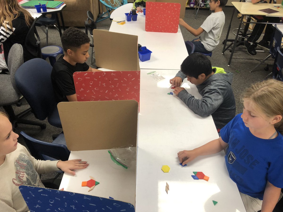 MissMegHartzell's tweet photo. Practicing communicating with clarity and precision 🗣 5Q students used pattern blocks to create a pattern for their partner had to recreate without peeking, only using clear directions... so fun! 🔸🔻▫️ @MrsSimacek @JanetErnst #ripon5th https://t.co/c6vEhvYVAL