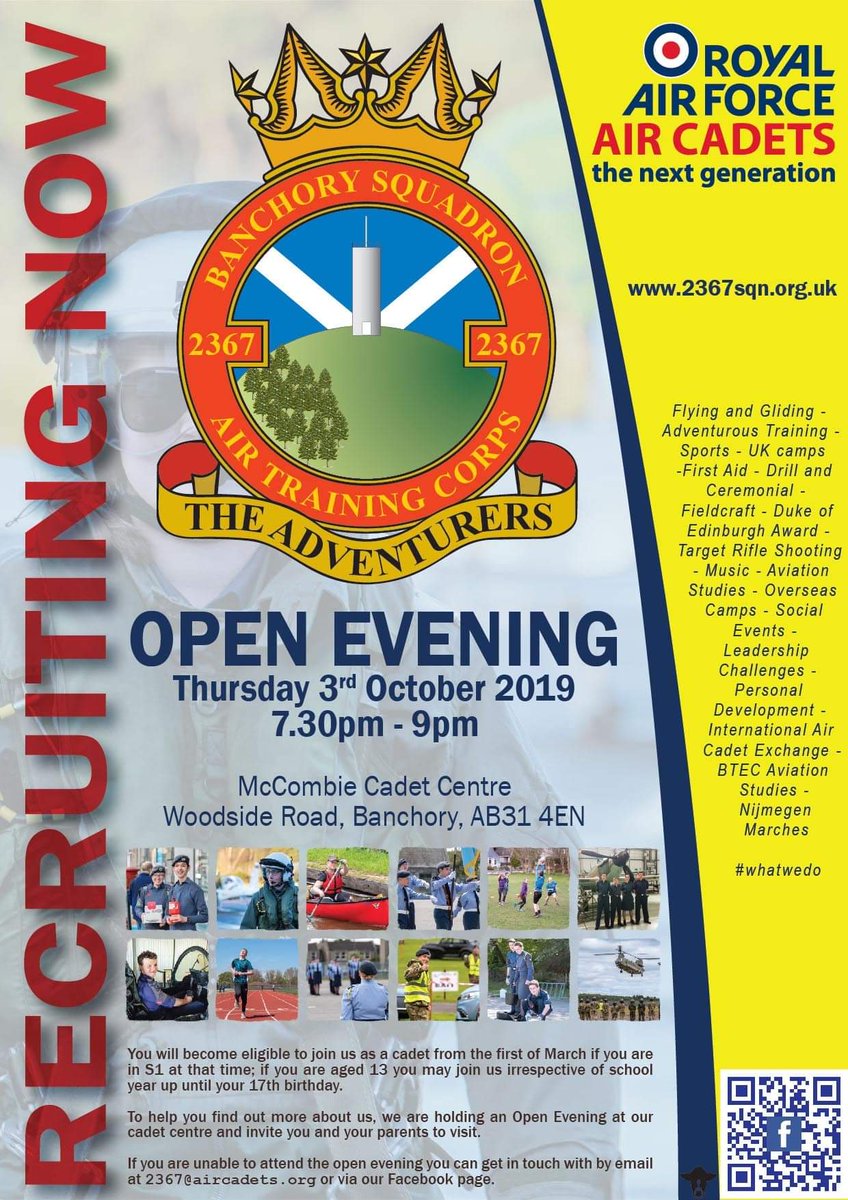 The squadron will be holding an Open Evening on Thursday 3rd October at our HQ at the top of Woodside Road, Banchory. Doors open for visitors at 7.30 pm. We can accept new recruits who are currently in S2 (or later), or who are aged 13 or older.