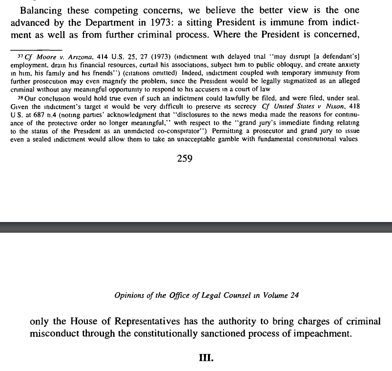 bradheath's tweet photo. OLC: Because the intelligence whistleblower reported wrongdoing by the president, the details should go not to the House but to federal prosecutors

Also OLC: Because the president is the president, "only the House [...] has the authority to bring charges of criminal misconduct" https://t.co/CAlkAhSTYW