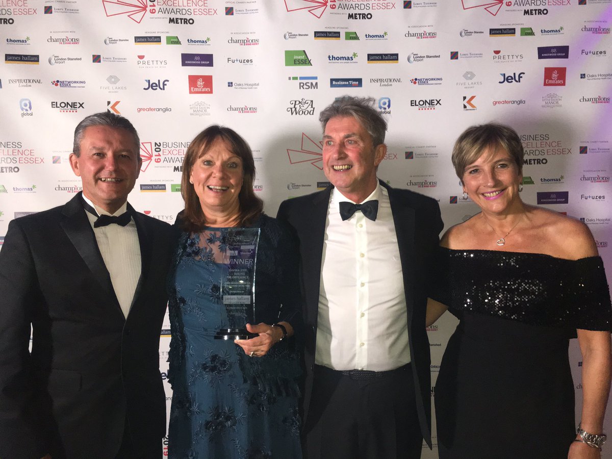 BusExEssex's tweet photo. A big well done to @davinasteelGF on winning the New Business of the year award, sponsored by Headline sponsor @JamesHallamUK #Winner #BusExEssex  #BakingTheDifference 🎉 https://t.co/7o4C5i3Qzx