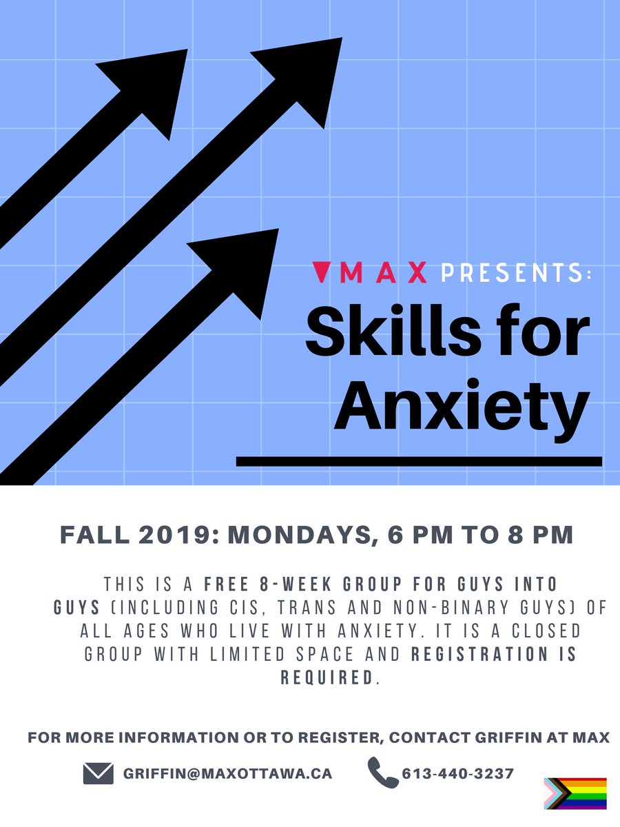 max_ottawa's tweet photo. Are you a guy into guys living with anxiety? Want to work on your anxiety in a supportive group setting?
Our "Skills for Anxiety" group  starts Oct 7 &amp; registration is now open! Email griffin@maxottawa.ca for more info or to register.
 #MAXOttawa #MentalHealth #GBT2QGuys #Ottawa https://t.co/9Gk6PasOkT
