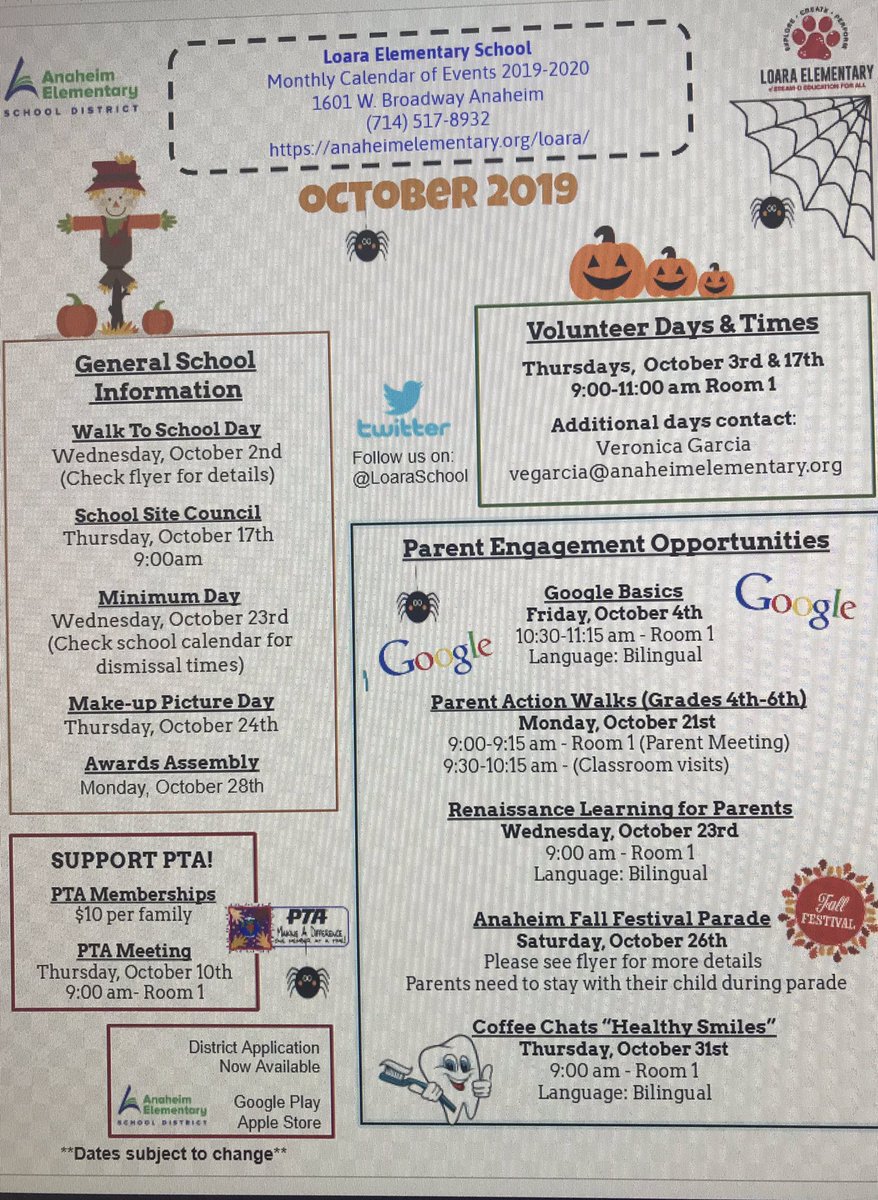 LoaraElementary's tweet photo. Parent involvement opportunities during October-oportunidades para envolucramiento de padres Durante octubre @LoaraElementary #community #parentenvolvement https://t.co/07ZzJOH3BL