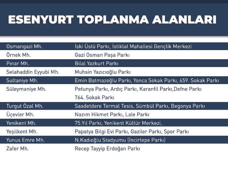 Esenyurt İlçemizdeki toplanma alanlarının bilgileri bu şekildedir. #deprem #depremistanbul #depremesenyurt