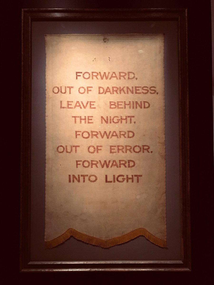 WSCC staff and #suffragesisters touring the Votes for Women exhibit tonight at the <a href="/smithsoniannpg/">National Portrait Gallery USA</a>. Our favorite artifact: the original @natlwomansparty banner circa 1917, “Forward out of darkness, leave behind the night, forward out of error, forward into light.” #womensvote100