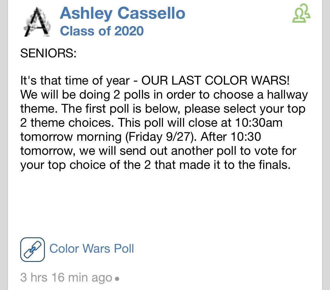 berlinclass2020's tweet photo. Vote on our Color Wars hallway theme with the Google Form sent out in schoology today! First poll closes tomorrow at 10:30 am and the top 2 will be voted on again! Please take some time to vote for the best black hallway theme🖤🖤⚫️⚫️ https://t.co/lWH6AET4XD