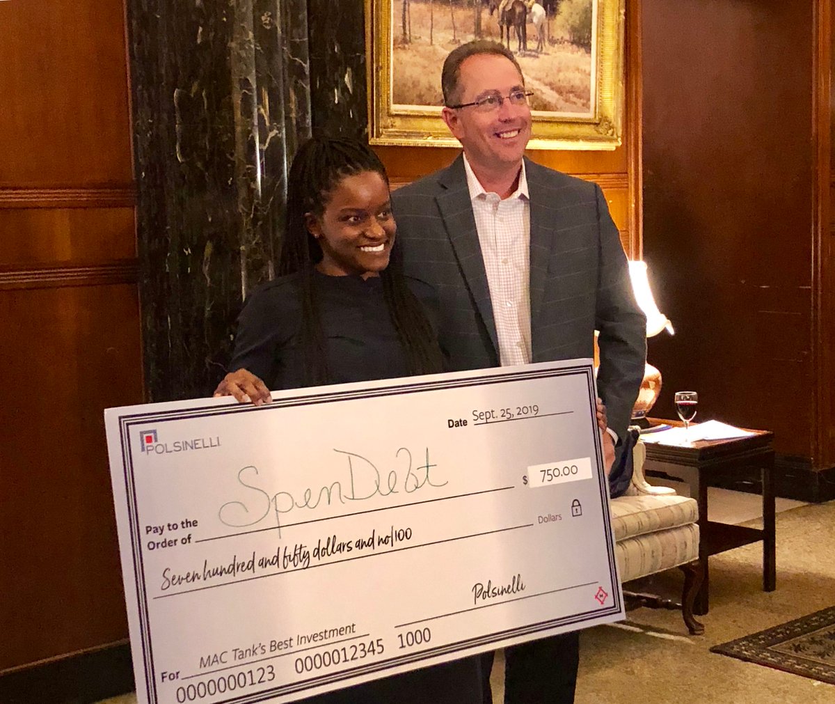 Polsinelli's tweet photo. It was an honor for us to sponsor @macstlouis’s #MACTank event. Five entrepreneurial groups competed for the MAC Tank’s “Best Investment” title, resulting in @SpenDebt being named the winner. St. Louis attorney @PaulKlug1 is pictured presenting the check below.
#MACTank2019 https://t.co/Ej4I3tyiGa