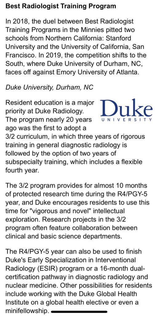 Congrats to @DukeRadiology #KarenJohnson @ErikPaulson7, one of two finalists for Best Training Program in the country! Hopefully @DukeHealth can bring home the 🥇for a second time! 🏆 🏆