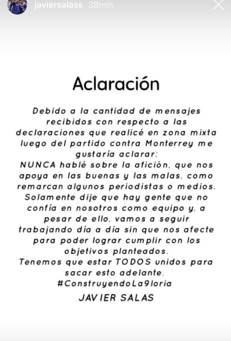 🙄Aquí lo que publica en Instagram, Javier Salas sobre lo declarado el día de ayer en Zona Mixta. 

#CruzAzul 🔵 entrenará a puerta cerrada el viernes, de cara a su duelo 🆚 <a href="/Tuzos/">Club de Futbol Pachuca</a> 🤨🤨🤨
