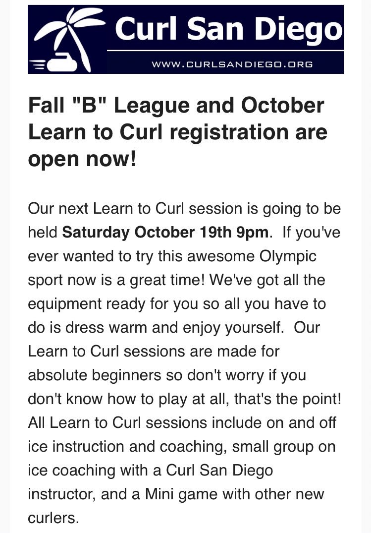 curlsd's tweet image. SAVE THE DATE: Our next #LearnToCurl session will be on Saturday, October 19th at 9pm. Visit our website to register 🥌

It’s also not too early to sign up for our next league or pay dues 😉 Subs are also welcome! 

#curling #sandiego #growthegame #growthesport