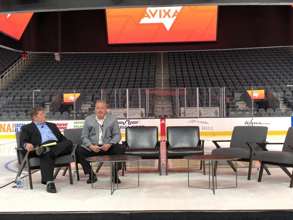 AVIXA's tweet photo. First up on the #AVIXAExperience Event panel: Moderator @tdalbright sits down with 
Jeffery Thompson, Director of IT at @TMobileArena to discuss the implementation tech in an arenas. https://t.co/jBB7uvqhkF