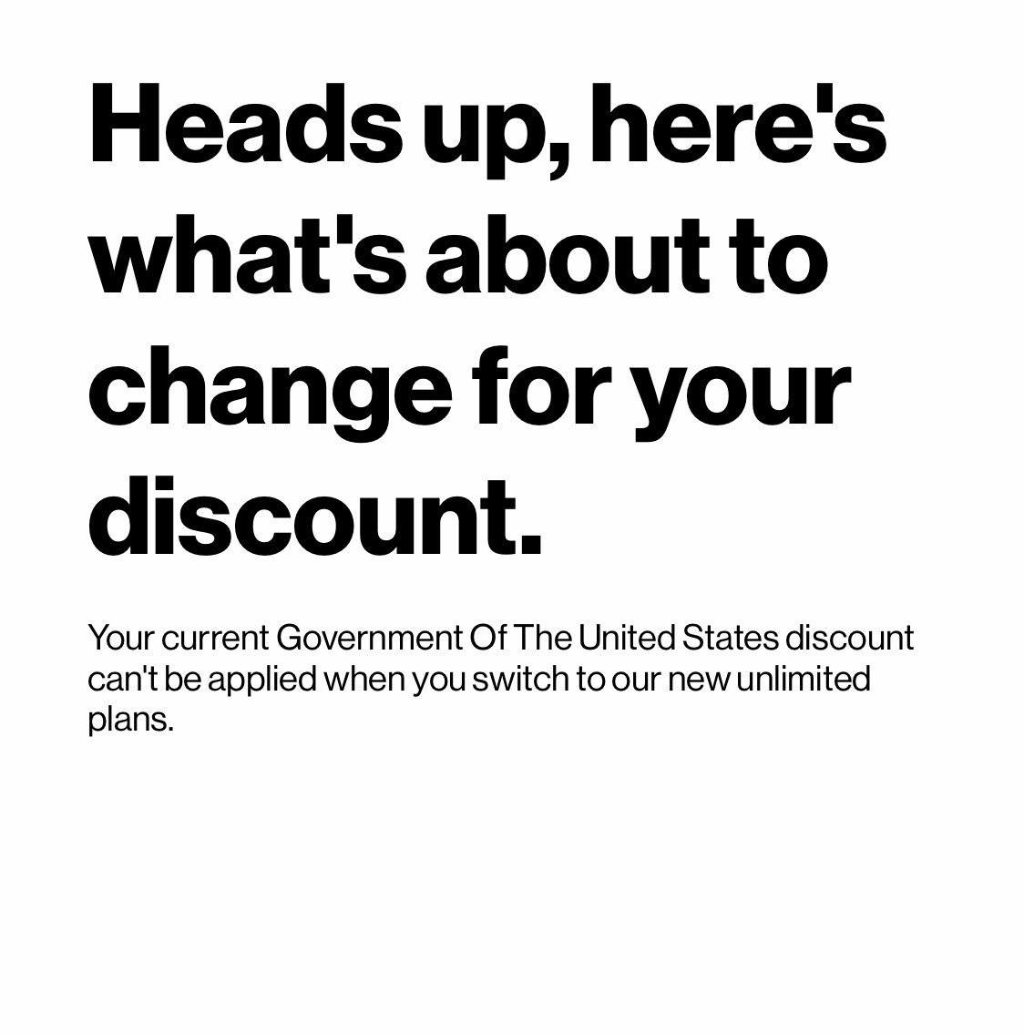 JCProAngler's tweet photo. @verizon sends me the below text message. But when I click the link then try to switch to the “Start Unlimited plan” I get the message my discount can’t be applied?? Anyone else seen this? Verizon??? https://t.co/FuP76HMHOJ