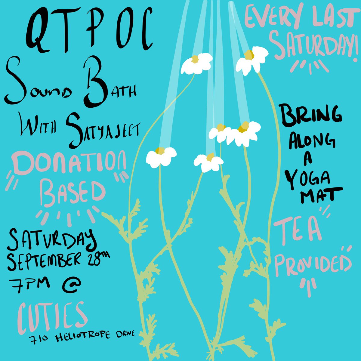 This Saturday Satyajeet will be making magic and casting spells with her gong during our monthly tea &amp; soundbath. This event is for QTPOC only. Come get your energy right &amp; chakras aligned surrounded by loving community. 9/28 at 7pm. Bring a mat or blanket! Donations accepted.